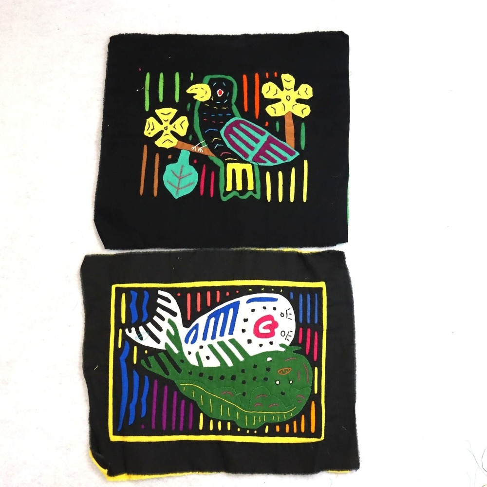 Vintage Kuna Mola Textile Panels Pair Folk Art Animals